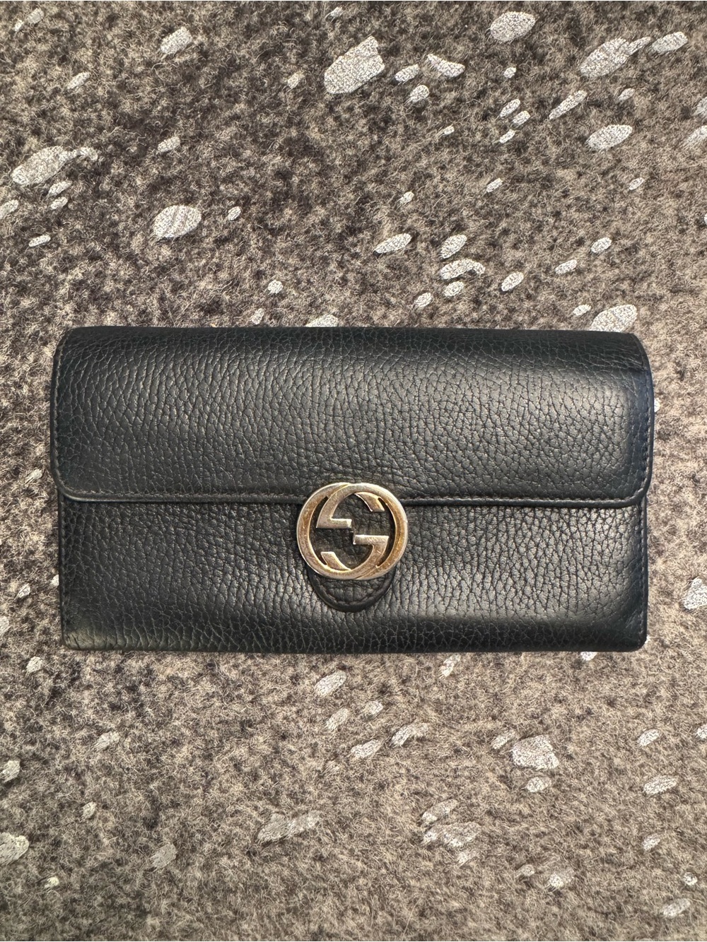 Gucci Authentic Black Leather Continental Wallet with Gold Logo Great Style!
